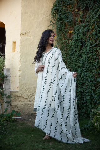 White Cotton Suit Set with Green Embroidery Detailing and Doriya Dupatta