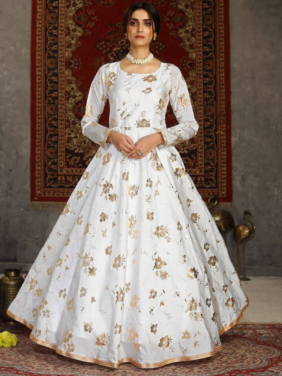 White Taffeta Silk Embellished Detailing with Metallic Foil work Anarkali  Gown | Partywear Gowns Online USA – Ria Fashions
