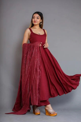 Wine Rayon Cotton Anarkali Suit Set - Ria Fashions