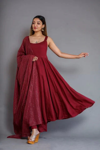 Wine Rayon Cotton Anarkali Suit Set - Ria Fashions