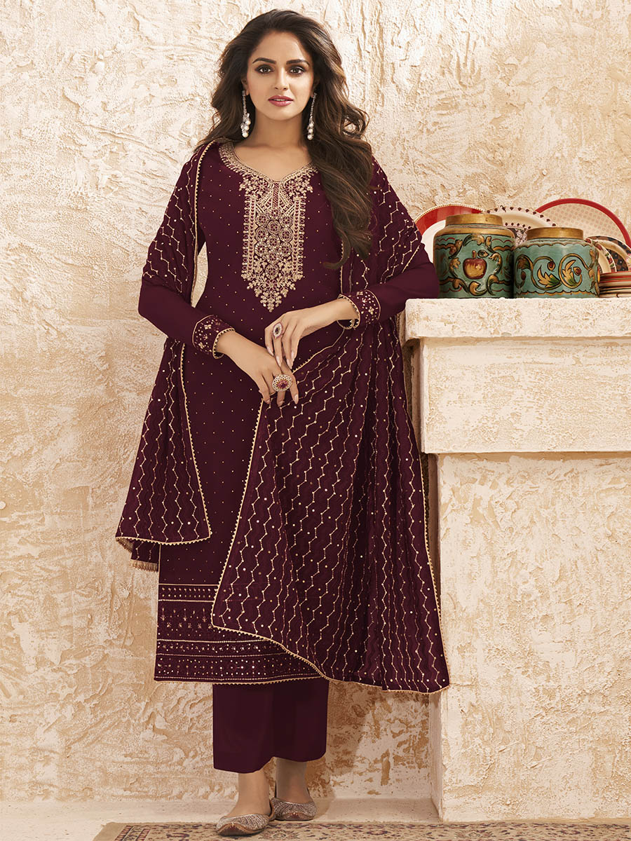 Wine Embroidered Georgette Pant Style Suit Set
