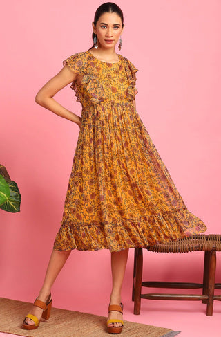 Yellow Poly Georgette Floral Print Dress - Ria Fashions