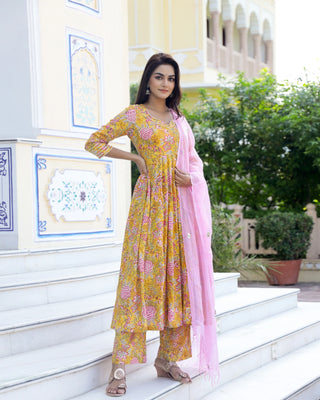 Cotton Yellow & Pink Hand Block Print Anarkali Kurta Set - Ria Fashions