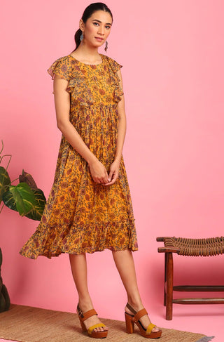 Yellow Poly Georgette Floral Print Dress - Ria Fashions