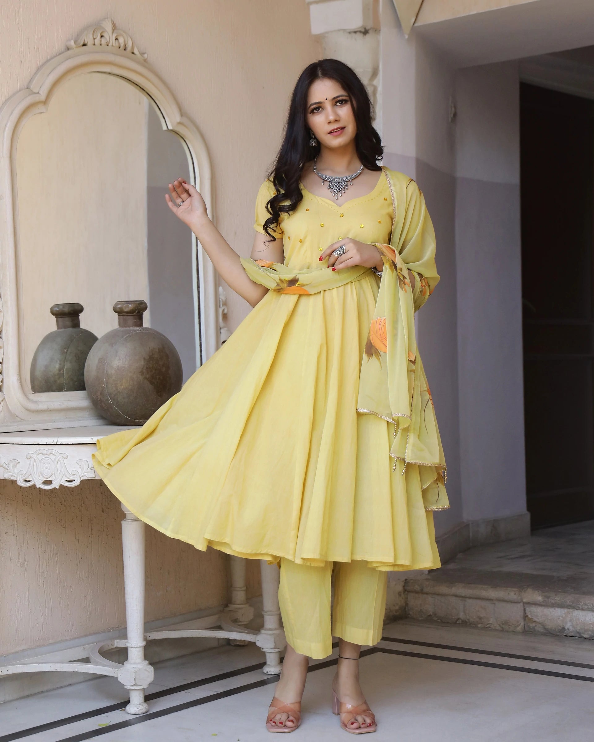 Cotton Yellow Hand brush Paint Anarkali Suit Set | Festive wear kurta sets Ria Fashions Cotton Yellow Hand brush Paint Anarkali Suit Set | Festive wear kurta sets Ria Fashions