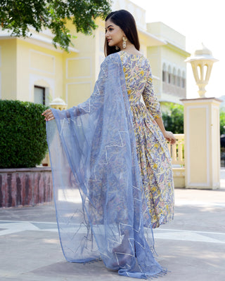 Cotton Yellow & Grey Hand Block Print Anarkali Kurta Set - Ria Fashions