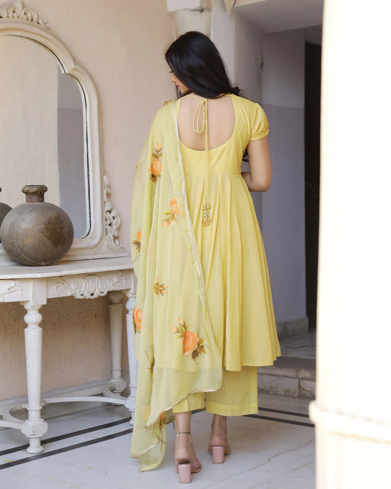 Cotton Yellow Hand brush Paint Anarkali Suit Set - Ria Fashions