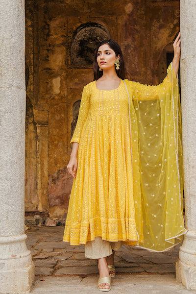 Yellow Embroidered Georgette Suit Set with Organza Dupatta - Ria Fashions