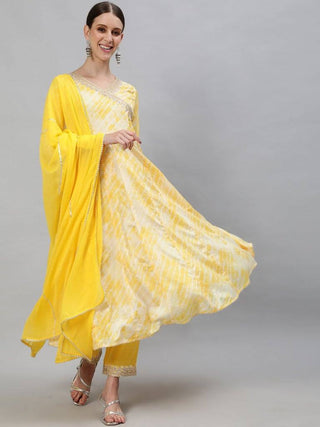 Yellow Anarkali Printed Suit Set with Dupatta - Ria Fashions