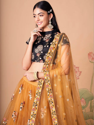 Black & Yellow Silk Embroidered Lehenga Choli Set with Net Dupatta