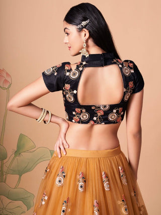 Black & Yellow Silk Embroidered Lehenga Choli Set with Net Dupatta