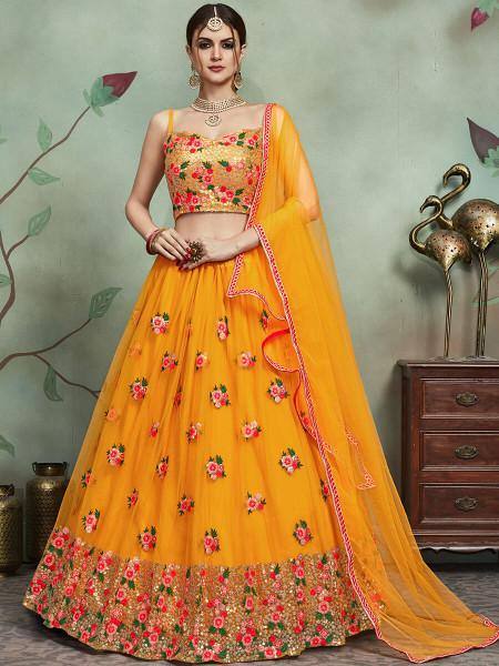 Yellow Soft Net Embroidered Mirror and Sequins Work Lehenga - Ria Fashions