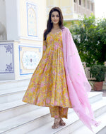Cotton Yellow & Pink Hand Block Print Anarkali Kurta Set - Ria Fashions