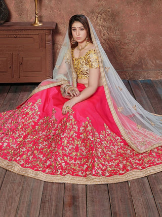 Yellow & Pink Silk Embroidered, Zari & Sequin Detailing Lehenga Choli Set with Off White Soft Net Dupatta