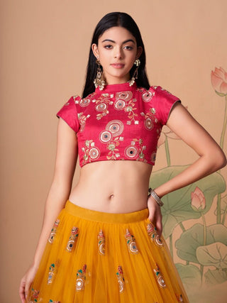 Yellow & Pink Silk Embroidered Lehenga Choli Set with Net Dupatta