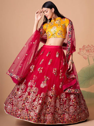 Pink & Yellow Silk Embroidered Lehenga Choli Set with Net Dupatta