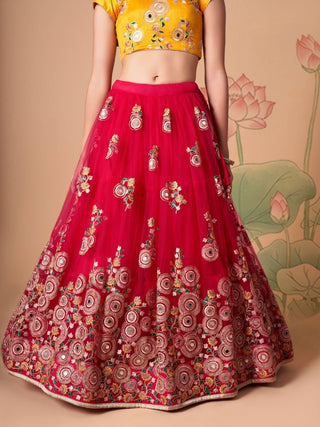 Pink & Yellow Silk Embroidered Lehenga Choli Set with Net Dupatta
