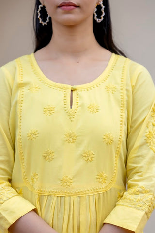 Cotton Yellow Embroidered Chikankari Suit Set with Dupatta