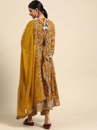 Yellow Cotton Floral Print Angrakha Suit Set with Chiffon Dupatta
