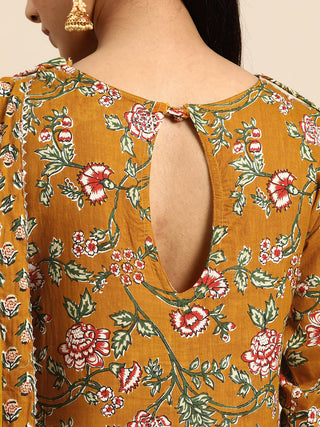 Yellow Cotton Floral Print Angrakha Suit Set with Chiffon Dupatta