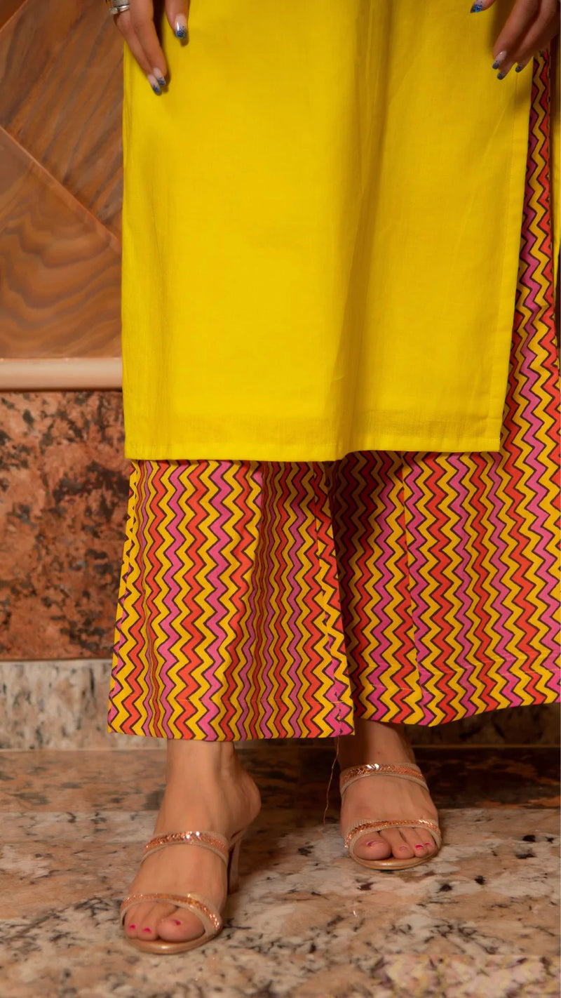 Cotton Yellow & Orange Suit Set with Organza Dupatta