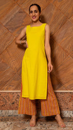 Cotton Yellow & Orange Suit Set with Organza Dupatta