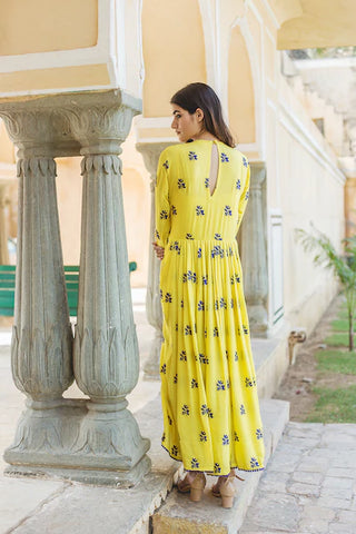 Cotton Yellow Floral Embroidered Dress with Side Pockets