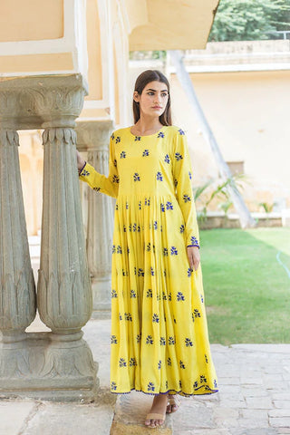 Cotton Yellow Floral Embroidered Dress with Side Pockets