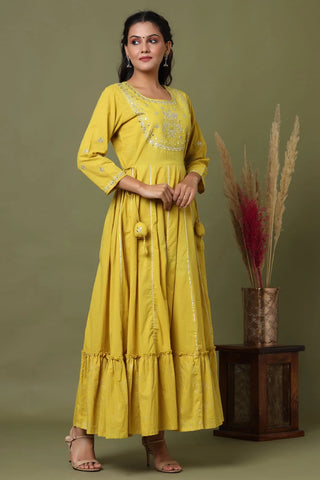 Cotton Yellow Embroidered Ethnic Gown