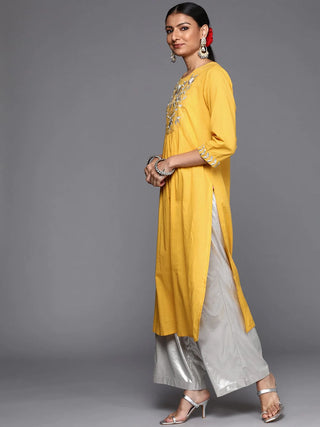 Yellow Cotton Floral Embroidered Straight Cut Kurta