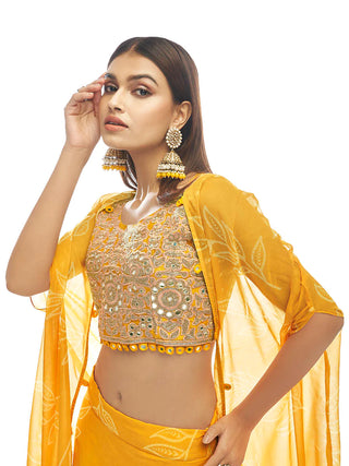 Yellow Georgette and Organza Embroidered & Printed Lehenga Set with Dupatta