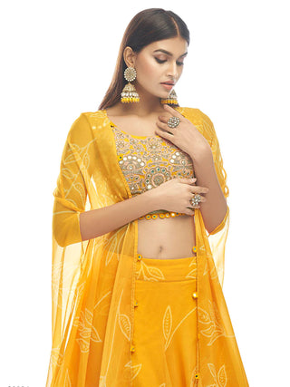 Yellow Georgette and Organza Embroidered & Printed Lehenga Set with Dupatta