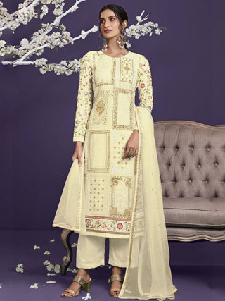 Yellow Georgette with Thread Embroidered, Zari & Sequins Detailing Suit Set with Dupatta