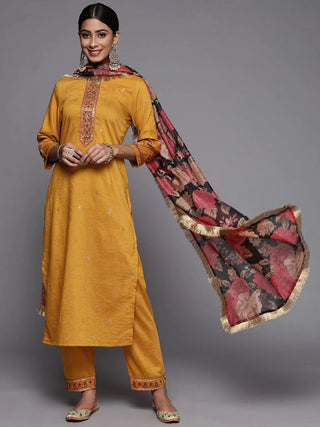 Yellow Silk Blend Ethnic Motif Embroidered Suit Set with Dupatta
