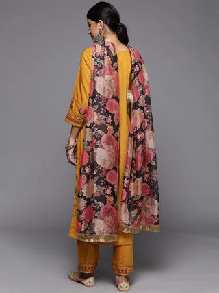 Yellow Silk Blend Ethnic Motif Embroidered Suit Set with Dupatta