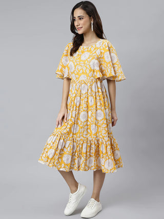 Cotton Yellow Floral Print Flared Western Style Dress