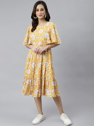 Cotton Yellow Floral Print Flared Western Style Dress