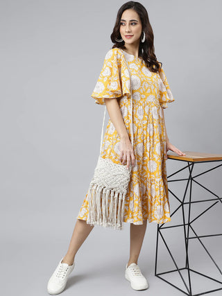 Cotton Yellow Floral Print Flared Western Style Dress