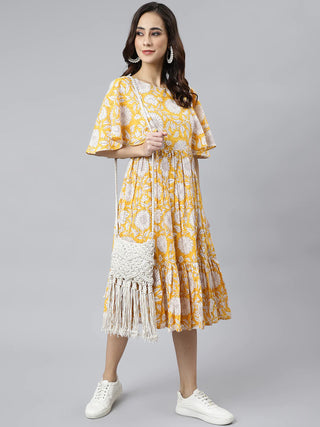 Cotton Yellow Floral Print Flared Western Style Dress