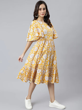 Cotton Yellow Floral Print Flared Western Style Dress