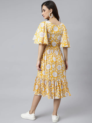 Cotton Yellow Floral Print Flared Western Style Dress