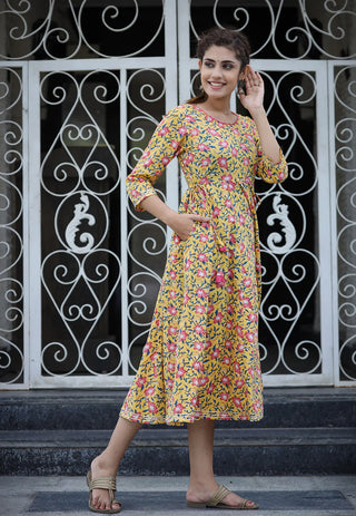 Cotton Yellow Floral Print Anarkali Style Ethnic Dress