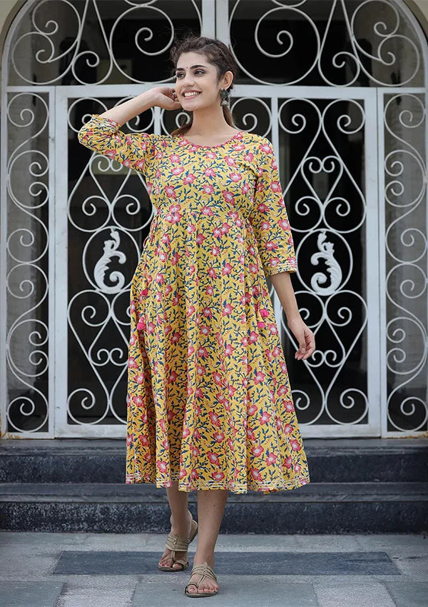 Cotton Yellow Floral Print Anarkali Style Ethnic Dress