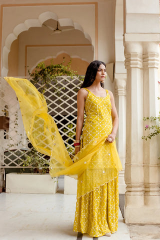 Yellow Georgette Fully Embroidered Sharara Set with Organza Dupatta