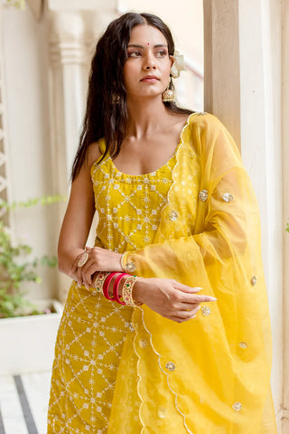 Yellow Georgette Fully Embroidered Sharara Set with Organza Dupatta