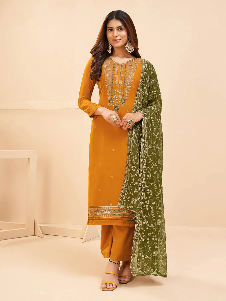 Yellow Georgette Embroidered Suit Set with Green Embroidered Dupatta