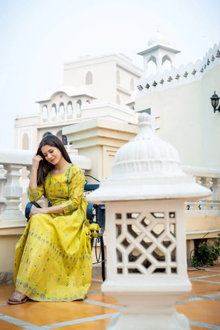 Cotton Yellow Printed Gown - Ria Fashions