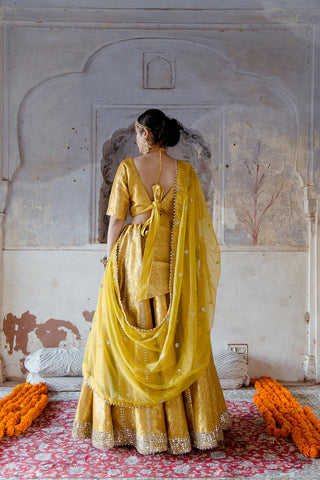 Yellow Brocade Foil Print & Mirror Detailing Lehenga Set with Organza Dupatta