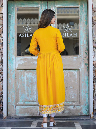 Rayon Yellow Printed Nyraa cut Ethnic Dress