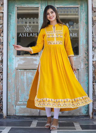 Rayon Yellow Printed Nyraa cut Ethnic Dress